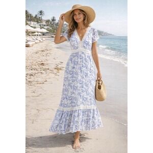 Taylor Maxi Dress 8 Blue Floral Short Sleeve Eyelet Lace Flowy Spring Summer